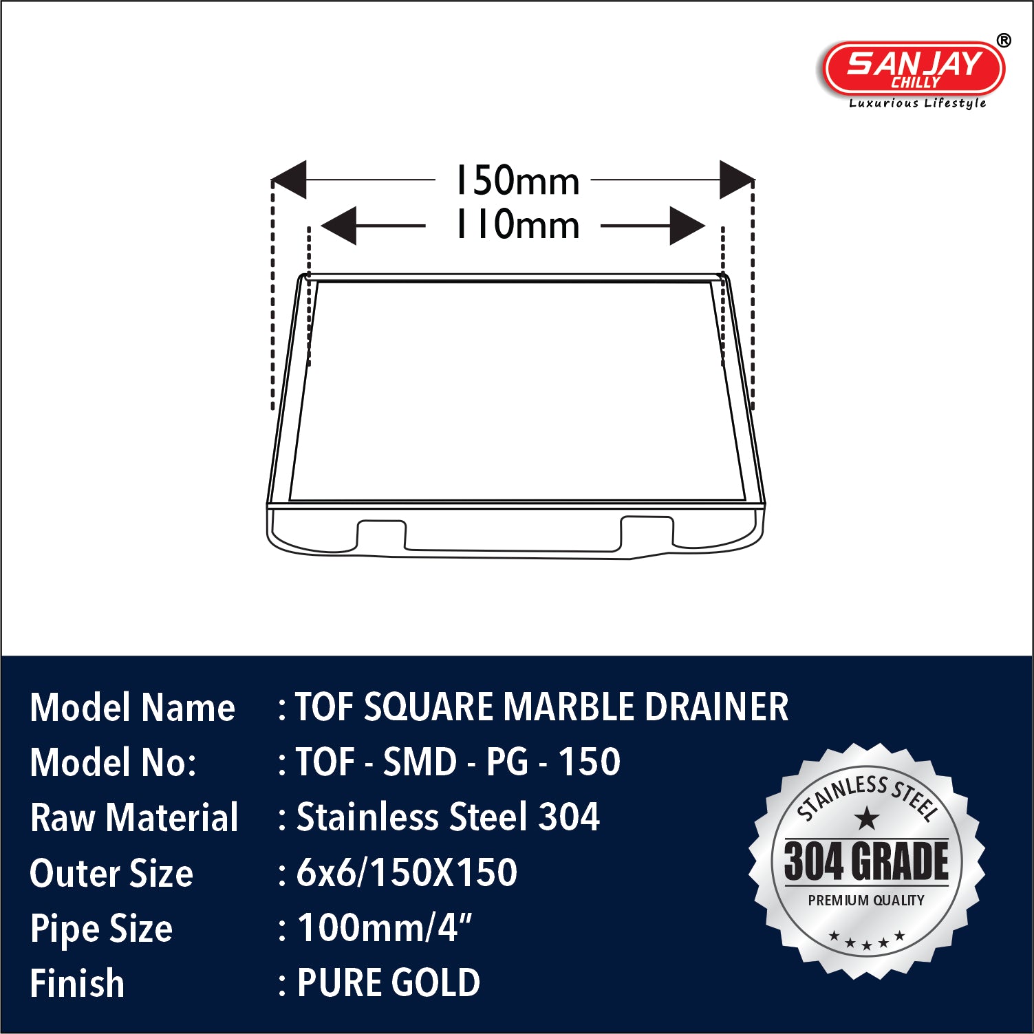 TOF Square Marble Drainer Pure Gold